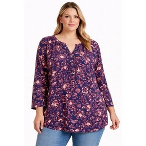 Gloria Vanderbilt Womens XXL Navy Coral Floral Blouse 3/4 Bell Sleeve Boho Top